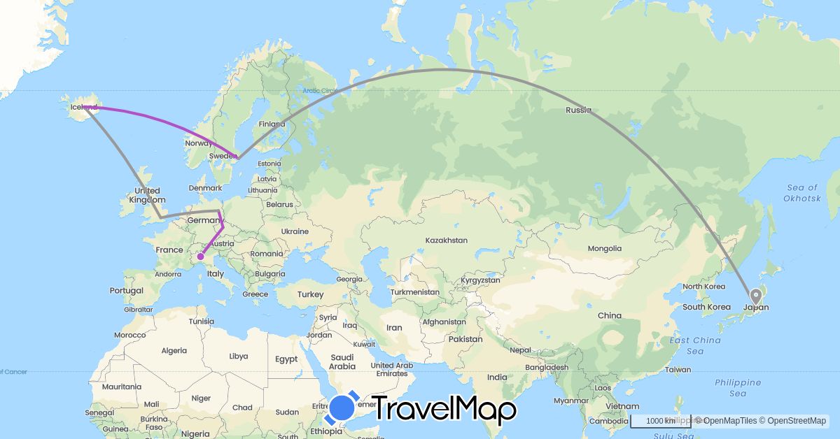 TravelMap itinerary: driving, plane, train in Czech Republic, Germany, United Kingdom, Iceland, Italy, Japan, Sweden (Asia, Europe)